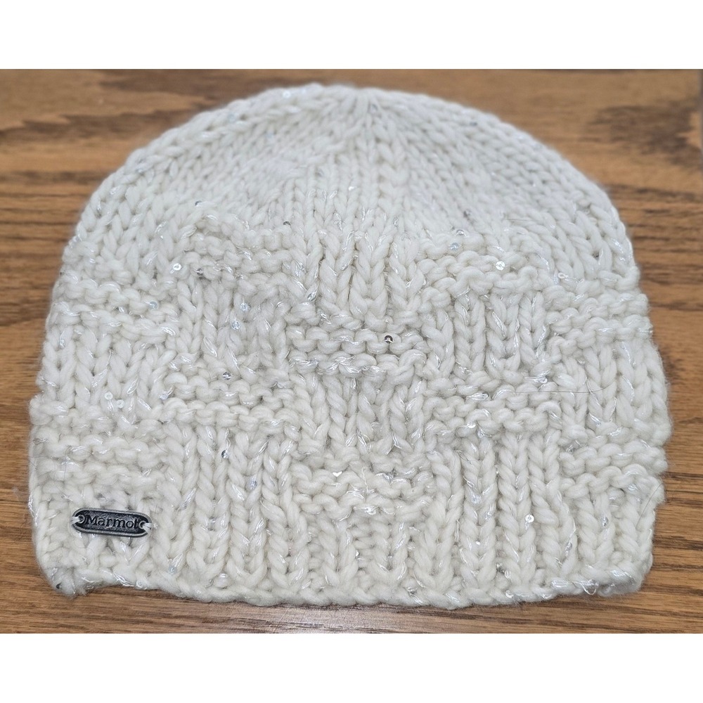Marmot Womens Beanie Hat Cream White Sequin Chunky Knit Winter Cap One Size